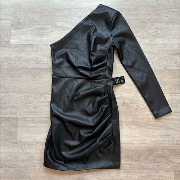 Express Black Leather Dress One Shoulder Mini Dress Size XS - Picture 4 of 6